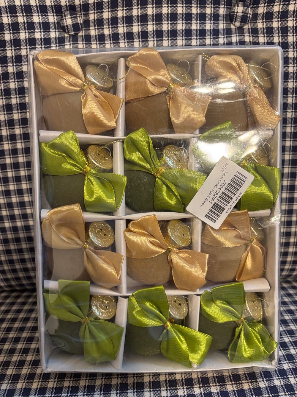 Satin Bow Ornaments in Gold and Green - Pack of 12